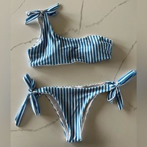Blue Pin Striped One-Shoulder Bikini NWOT